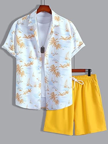 Мъжки дрехи OSHHO от две части, Мъжка риза с тропически принтом и къси панталони с завязками на талията, Без тениски (Цвят: многоцветен, Размер: X-Large)
