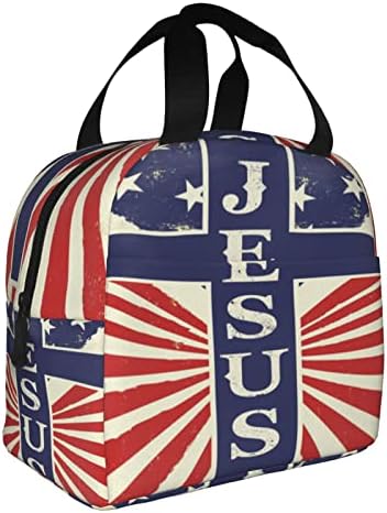 Исус, Американски Флаг, Кристиан Сладък Cartoony Герой, Мултифункционален Обяд-Бокс, Множество Лека Чанта За Обяд С Допълнителен Джоб За Младежи, За Възрастни, Работещи