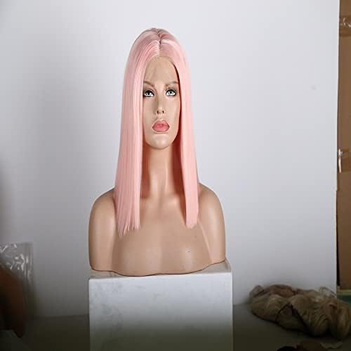 XZGDEN Къси Розови директни Перуки отпред на Дантели За жени, Средна част за Момичета, предварително выщипанный косата е естествен, Синтетични перука, Ежедневно облек
