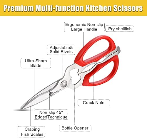 Кухненски Ножици, Набор от Многофункционални Червени Кухненски ножици HSIUHEON 9с Магнитен държач, Тежки Ножици