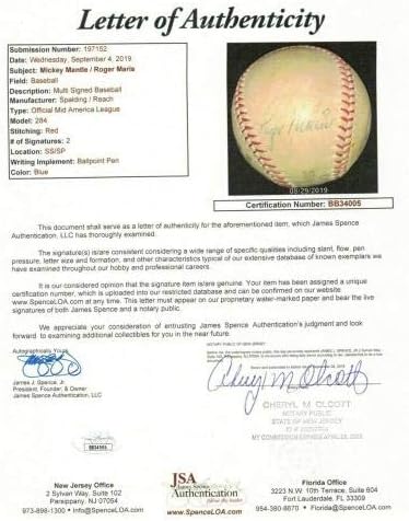 1961 Мики Мэнтл и Роджър Maris с двойно Автограф JSA COA Американската лига бейзбол - Бейзболни топки с автографи