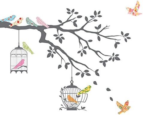 DECOWALL DW-1510 Птица на Клона на дървото с Клетки за птици, Детски Стикери за Стена, Стикери за Стена, Подвижни
