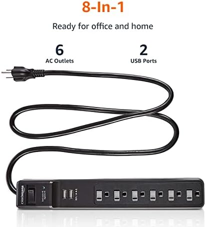 Мрежов филтър Basics на 6 контакти с 2 USB порта - 1000 Джоулей, Черен