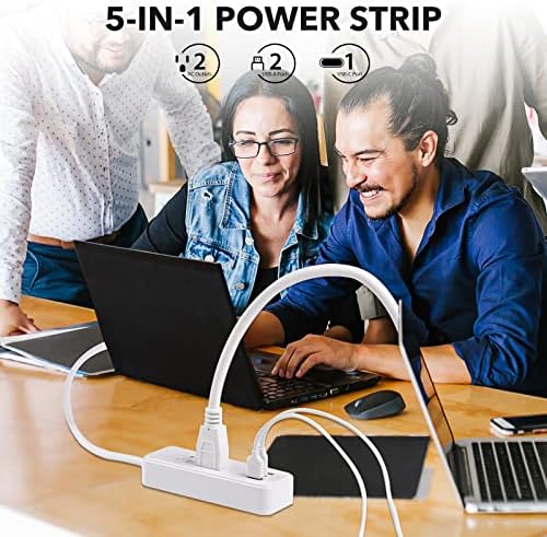 Захранващ кабел Clear Power с 2 розетки, 3 USB порта (1 USB-C), Плоска вилица, удлинителем дължина от 6 фута,