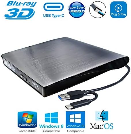 Външен 6-кратно 3D плейър на Blu-ray 2-в-1 USB C, за лаптоп HP Pavilion X 360 ProBook 450 440 455 G6 G7 Omen 14 15 t 17 Elitebook 840 G3 2020, Оптично устройство BD-R, BD-RE, DVD +-RW DL CD-RW дискове за запис на