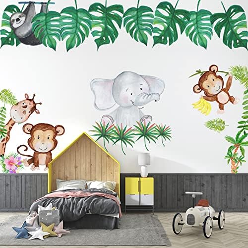 Тропическо Зелено Растение, Стикери за стена с животни в Джунглата, Cartoony Африкански Слон, Жираф, Маймуна,