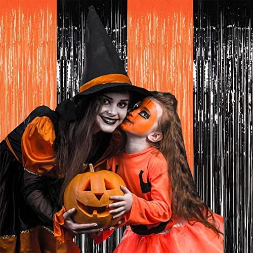 Пердета с Ресни от фолио, Украса за парти в чест на Хелоуин, Yomiie 2 елемента 3,3 ft x 6,5 фута, Черно и Оранжево