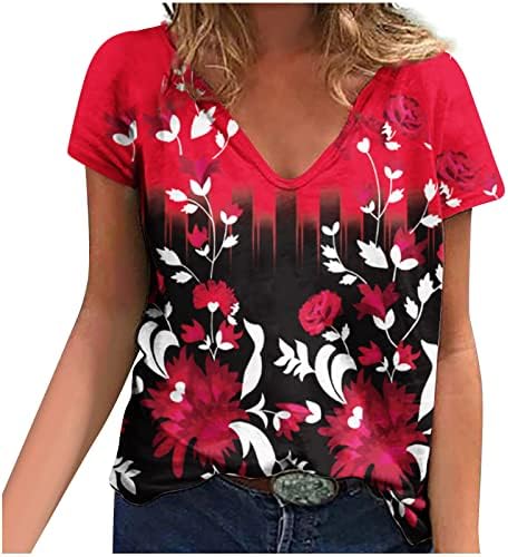 Момичета-тийнейджърки Vneck в памучна Блуза с Цветен Модел, Тениска за Жени Есен-Лято UU UU