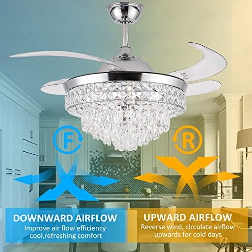 Кристална вентилатор на Тавана SHINLEYPACK с осветление, 42-инчов Кристална Фен, Модерна 3-Цветен Полилей Вентилатор