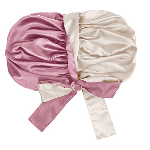 Капачка за коса от атласного коприна: Много Голяма Регулируема Двупластова Двустранен Нощна Шапчица с сатенена подплата за сън (Розово злато и шампанско)