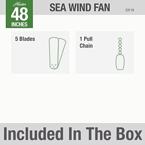 Хънтър Фен Company, 53119, 48-инчов Вентилатор на Тавана Sea Wind White с нисък Профил за вътрешен / Външен употреба и Тянущей Верига