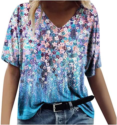 Тениска с Цветен Модел за Жени, Есенно-Летни Дрехи, Памучен Ежедневна Блуза с Къс Ръкав Vneck 0O 0O